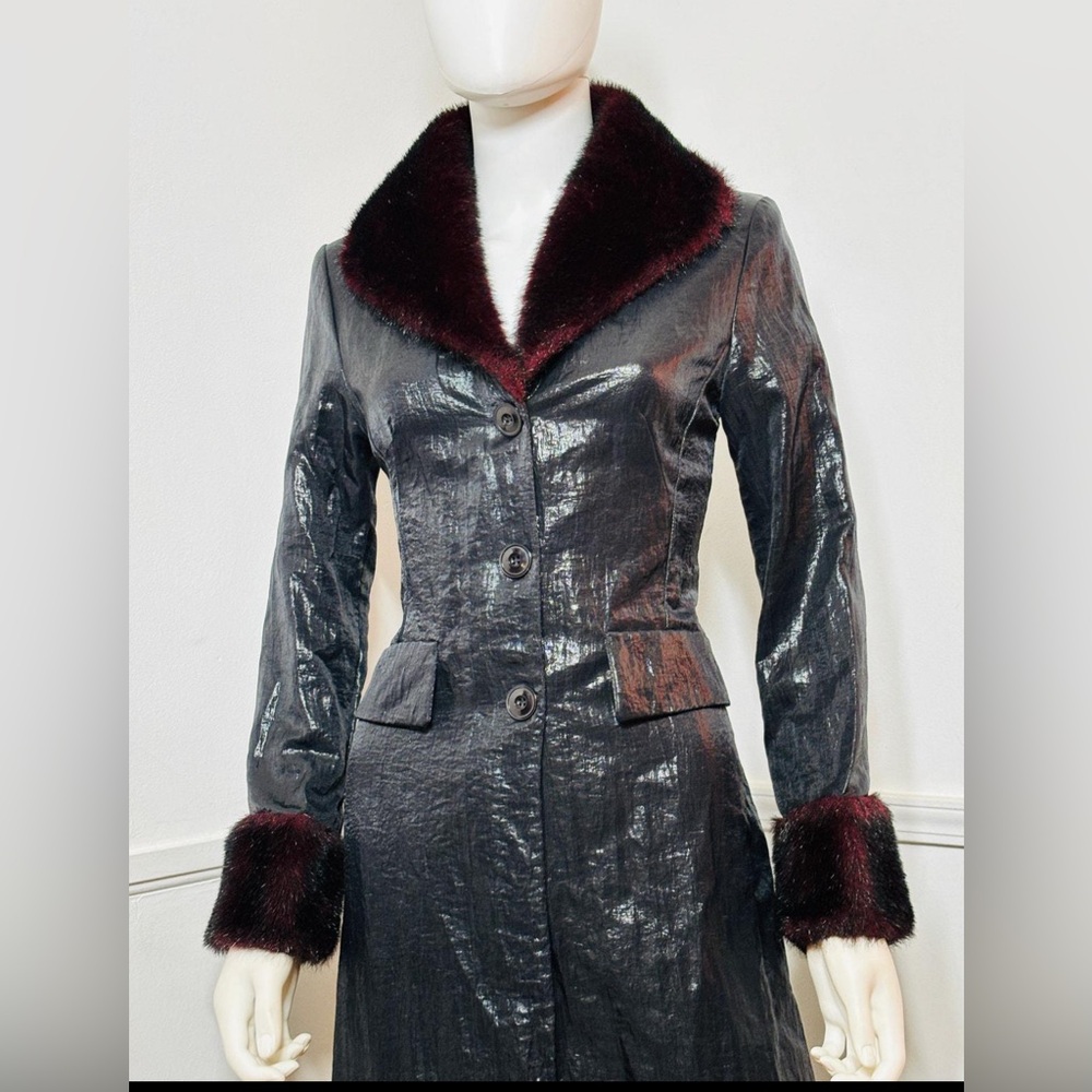 Black Shimmery Blazer Coat with Burgundy Faux-Fur Trim